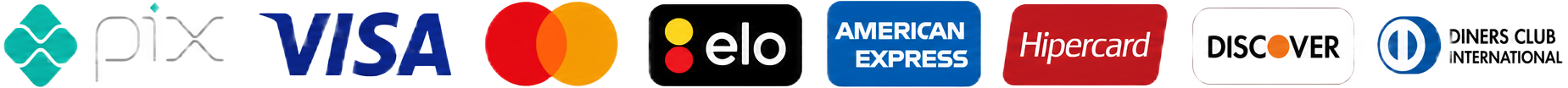 Formas de pagamento: Pix, Visa, Mastercard, Elo, American Express, Hipercard, Discover, Diners Club