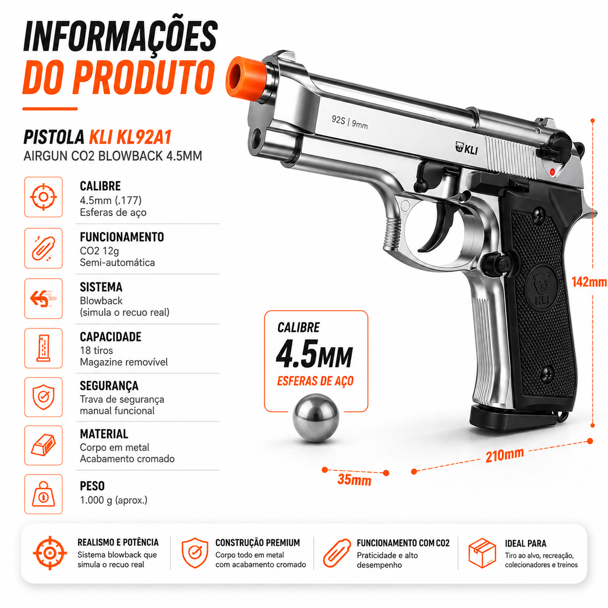Pistola Kl92a1 Beretta Kli Cromada Airgun Co2 Blowback 4.5mm Prateado imagem 3